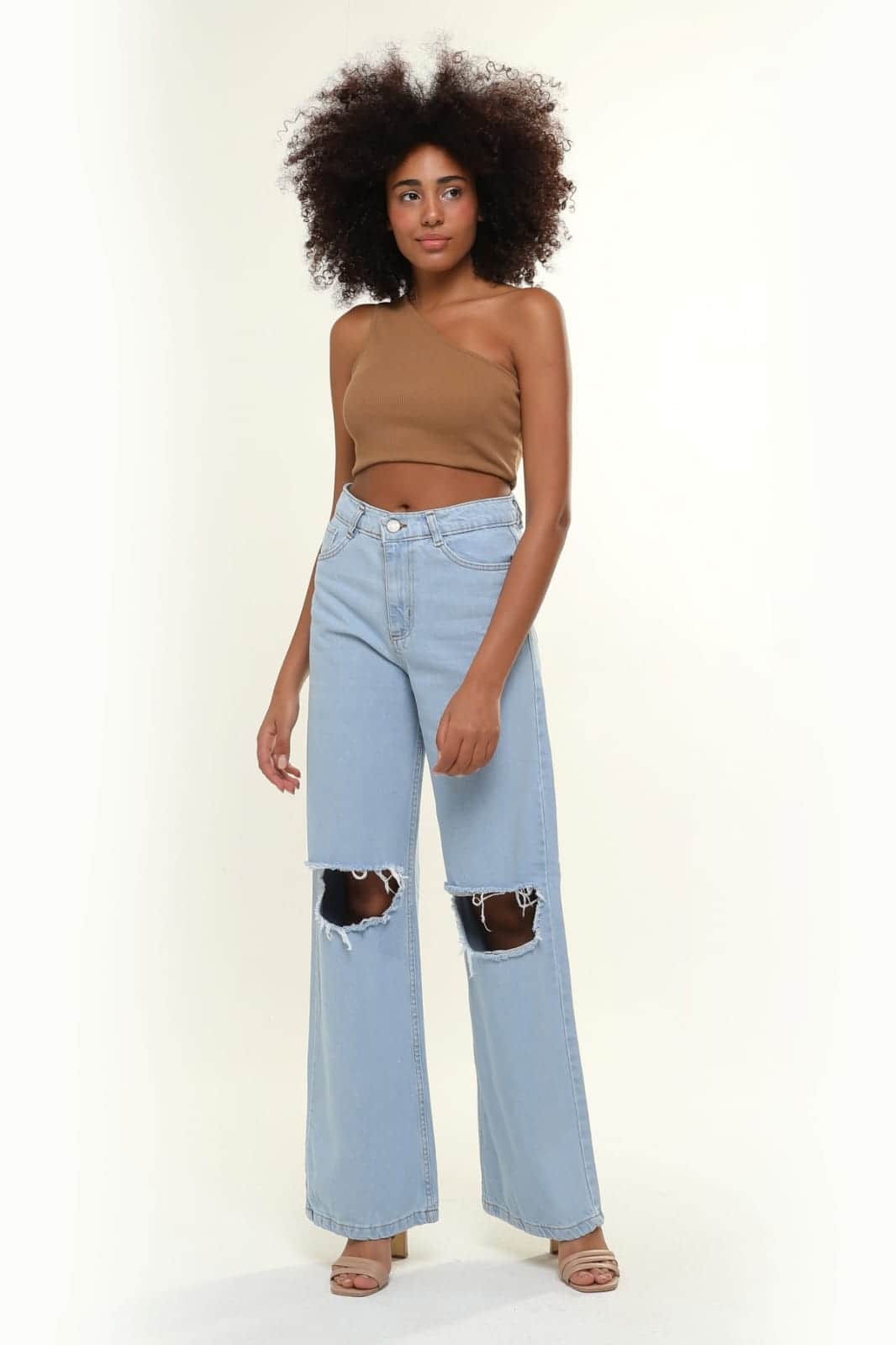 Vovikon KN Açık Diz Buz Mavi Kadın Boyfriend Bol Paça Jean Pantolon