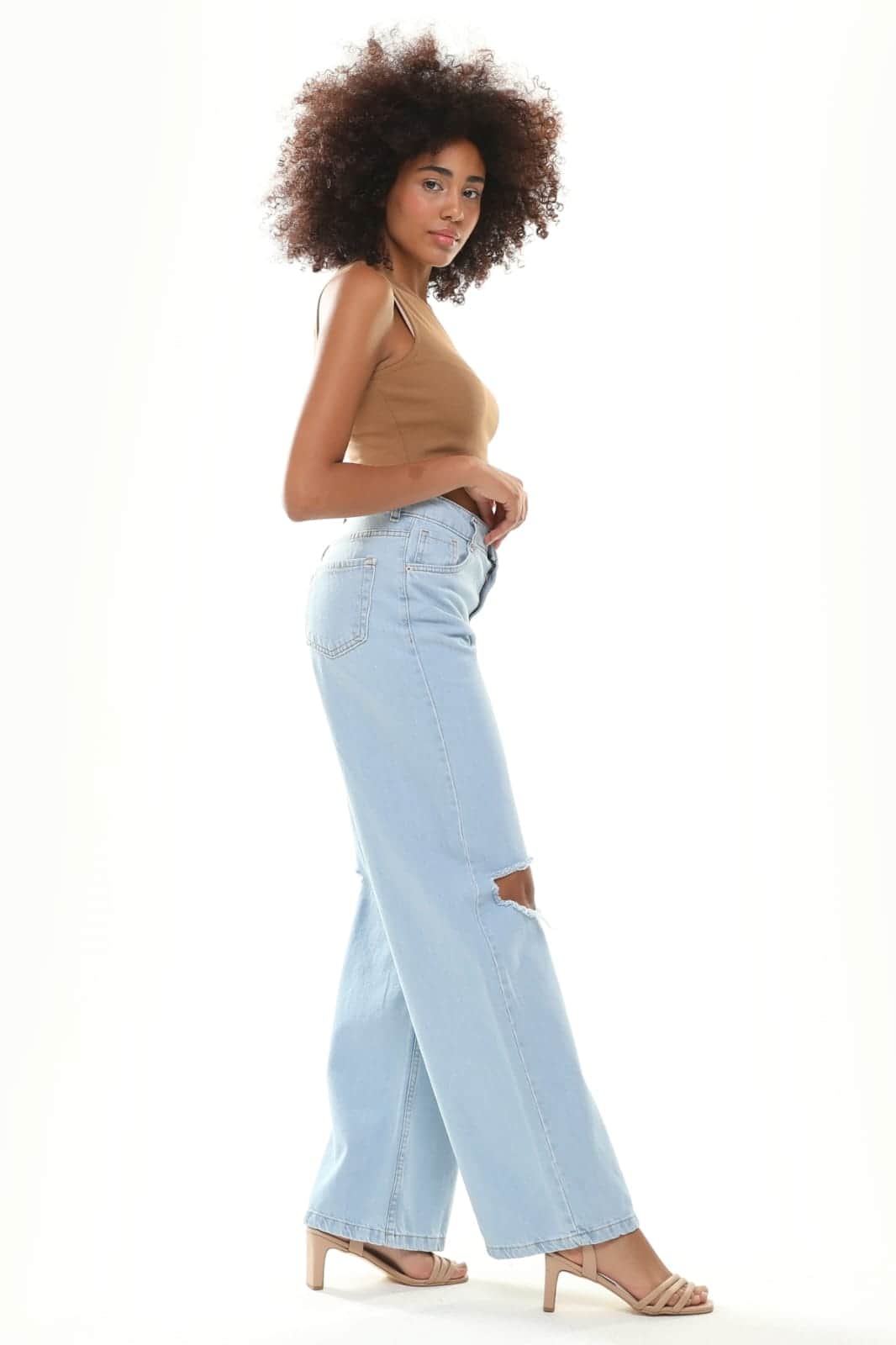 Vovikon KN Açık Diz Buz Mavi Kadın Boyfriend Bol Paça Jean Pantolon