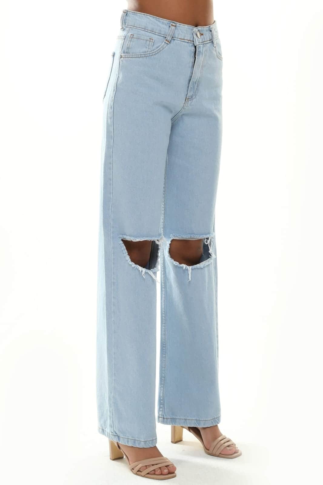 Vovikon KN Açık Diz Buz Mavi Kadın Boyfriend Bol Paça Jean Pantolon