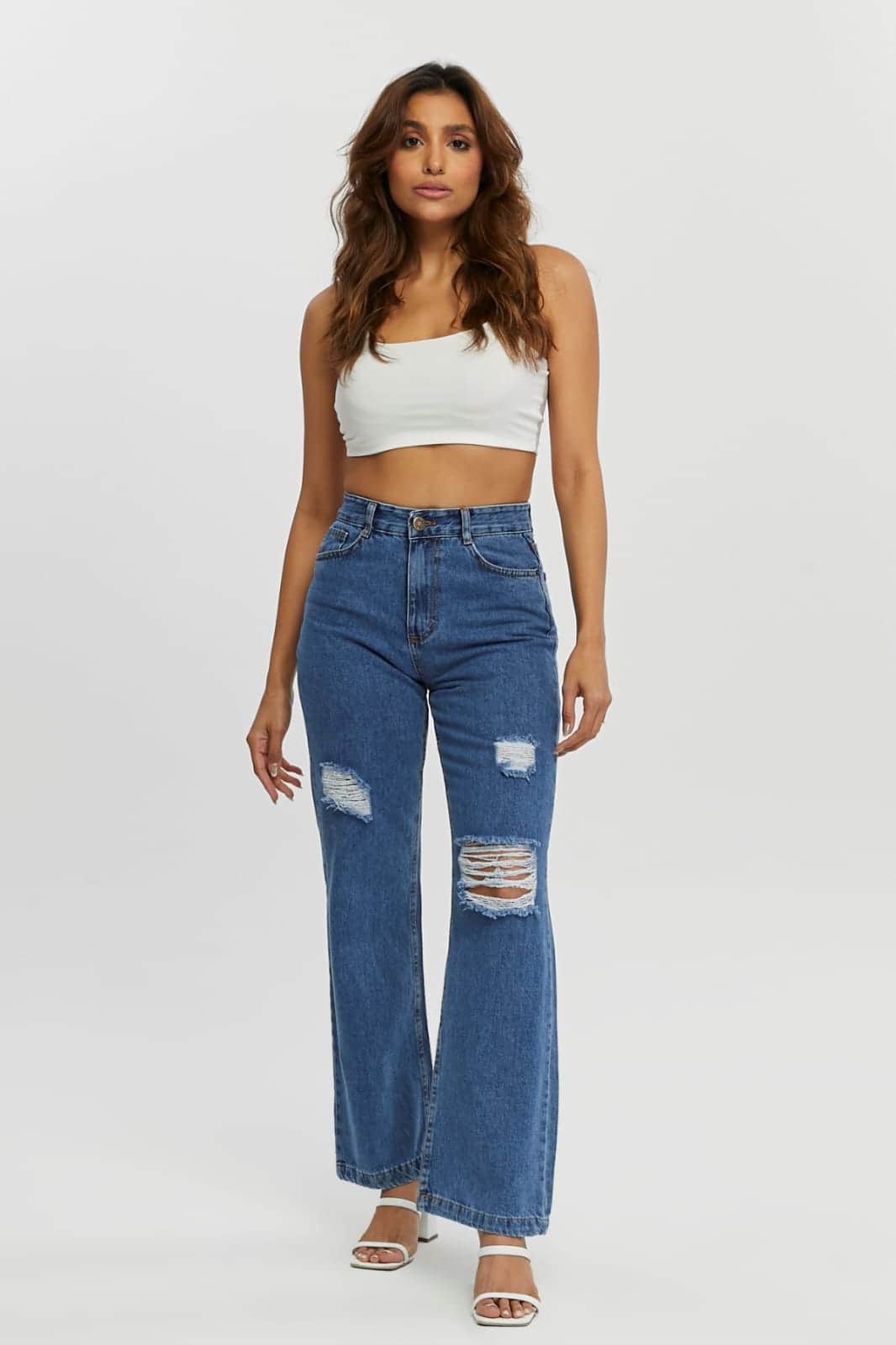 Vovikon KN Lazer Yırtık Kadın Mavi Boyfriend Bol Paça Jean Pantolon