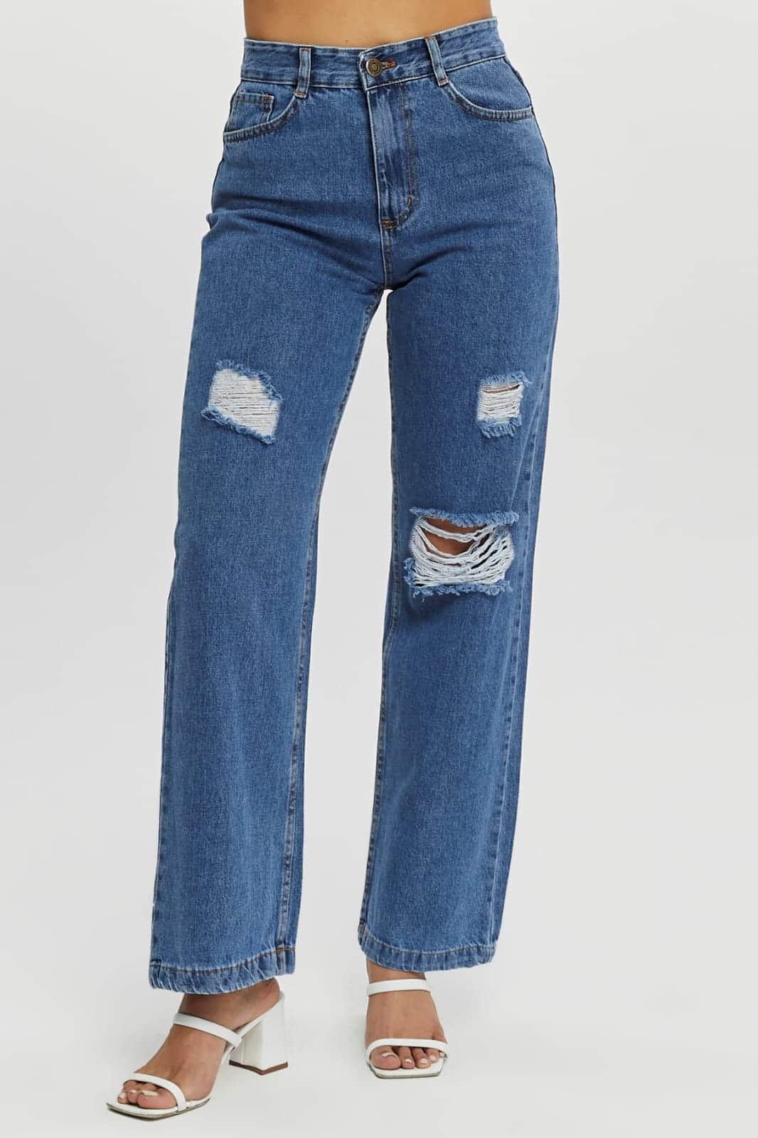 Vovikon KN Lazer Yırtık Kadın Mavi Boyfriend Bol Paça Jean Pantolon