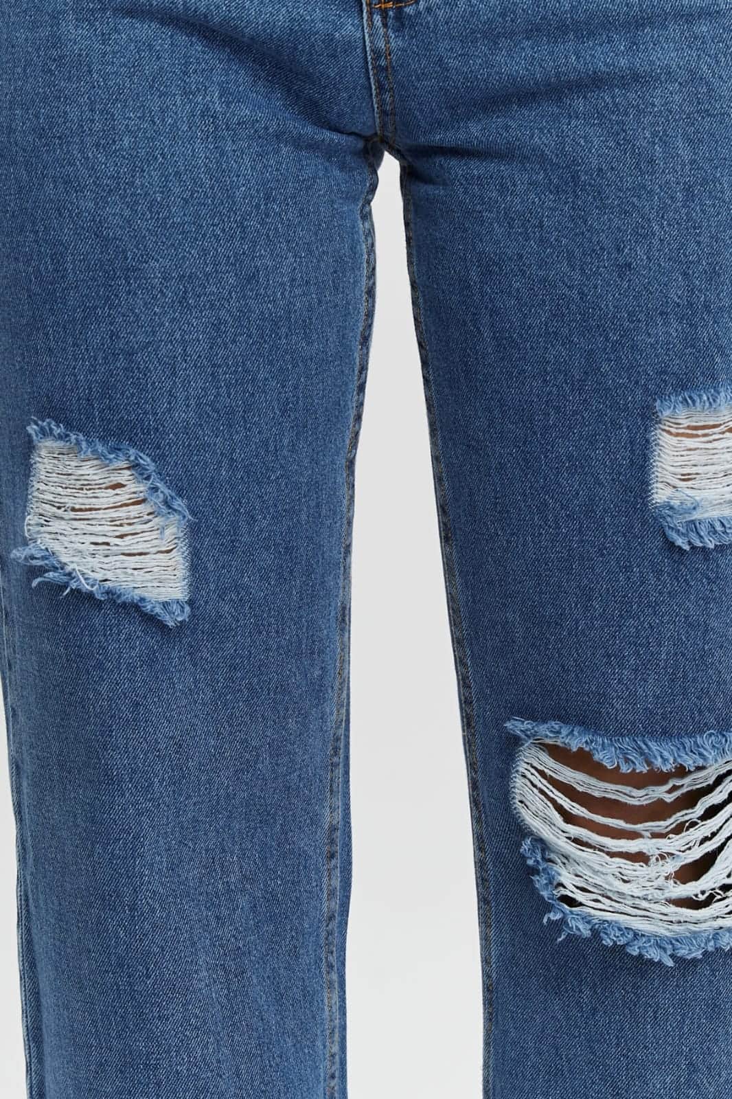 Vovikon KN Lazer Yırtık Kadın Mavi Boyfriend Bol Paça Jean Pantolon