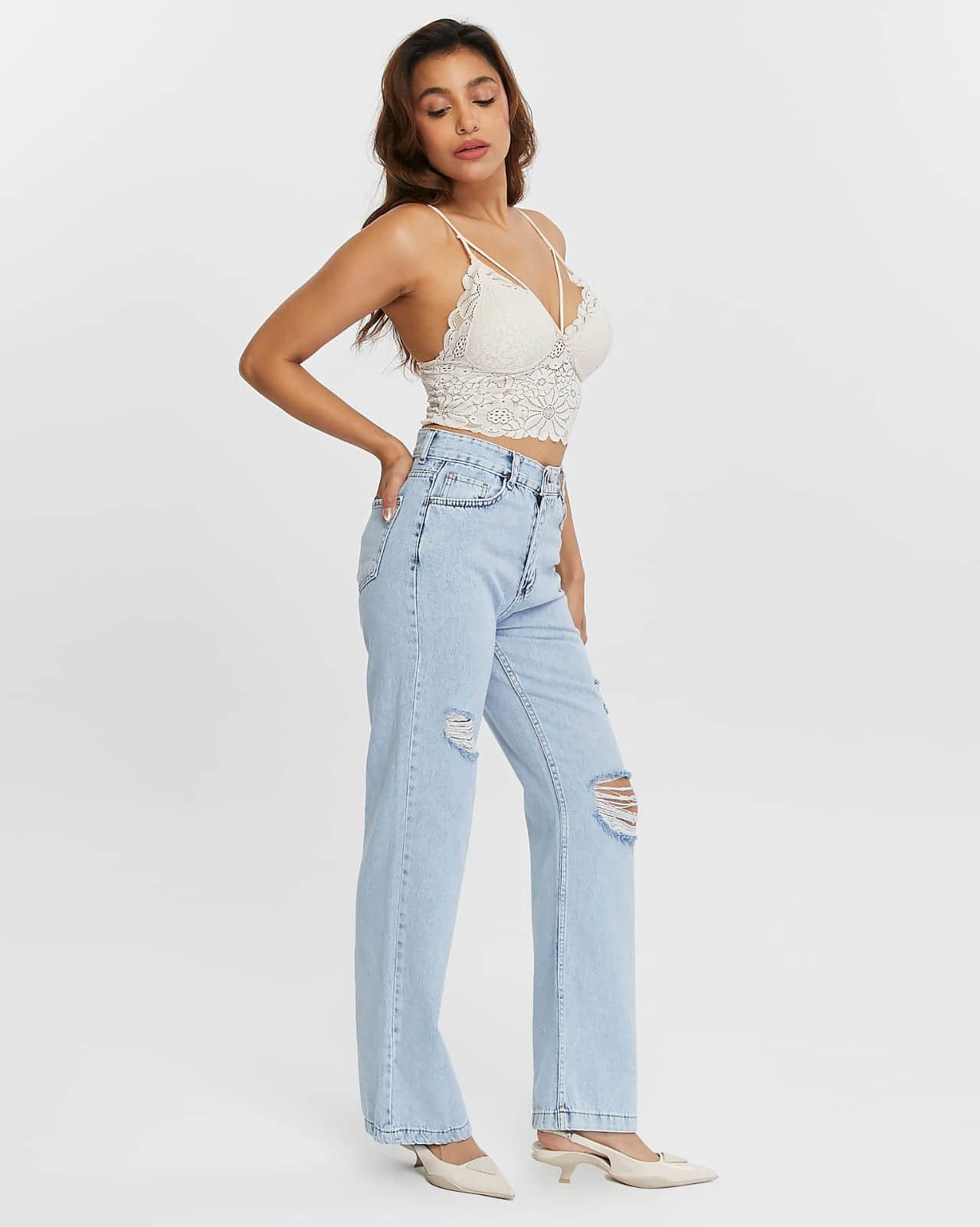 Vovikon KN Lazer Yırtık Kadın Buz Mavi Boyfriend Bol Paça Jean Pantolon