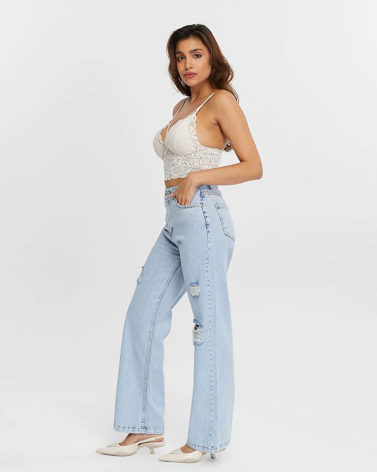 Vovikon KN Lazer Yırtık Kadın Buz Mavi Boyfriend Bol Paça Jean Pantolon