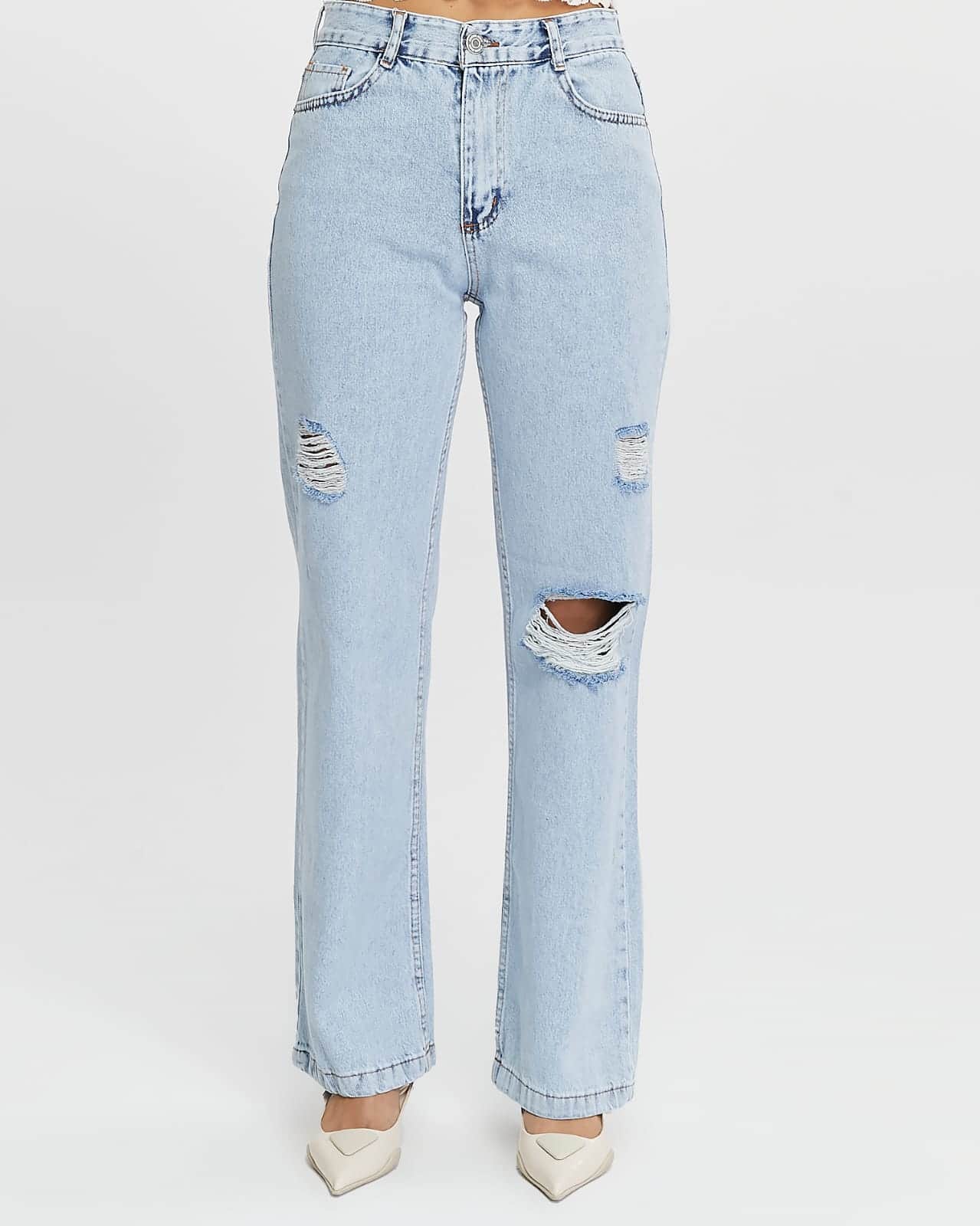 Vovikon KN Lazer Yırtık Kadın Buz Mavi Boyfriend Bol Paça Jean Pantolon