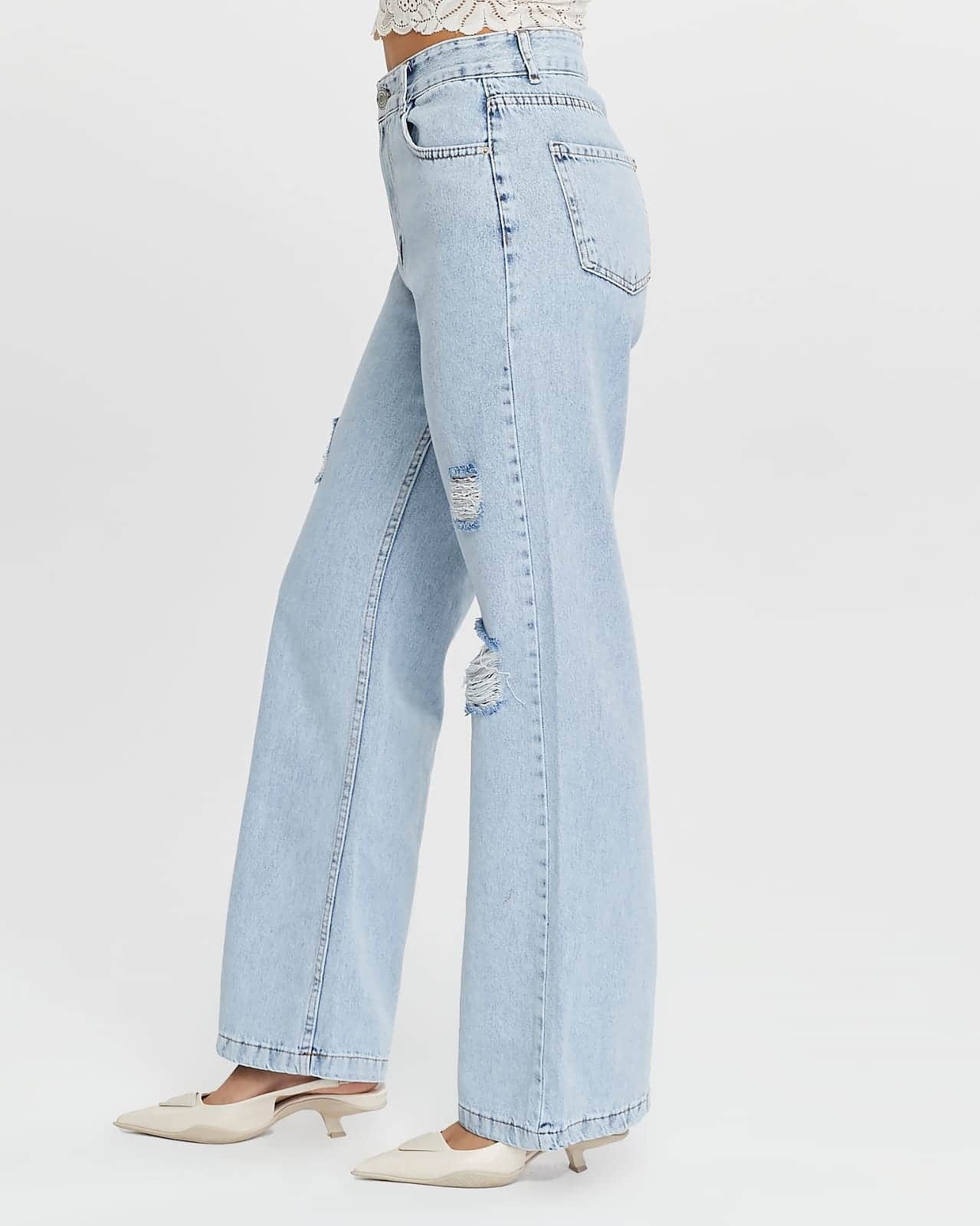 Vovikon KN Lazer Yırtık Kadın Buz Mavi Boyfriend Bol Paça Jean Pantolon