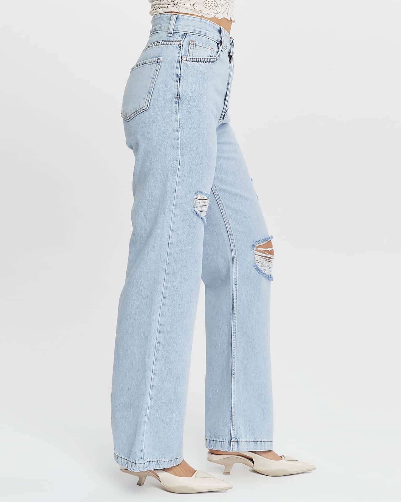 Vovikon KN Lazer Yırtık Kadın Buz Mavi Boyfriend Bol Paça Jean Pantolon