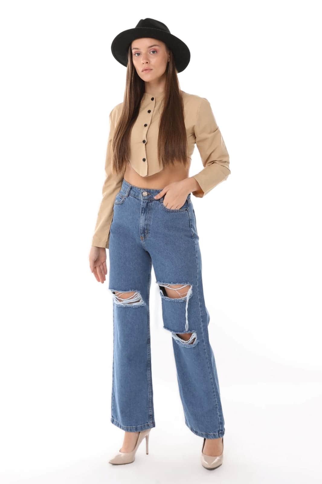 Vovikon KN Lazer Yırtık Mavi Kadın Boyfriend Bol Paça Jean Pantolon