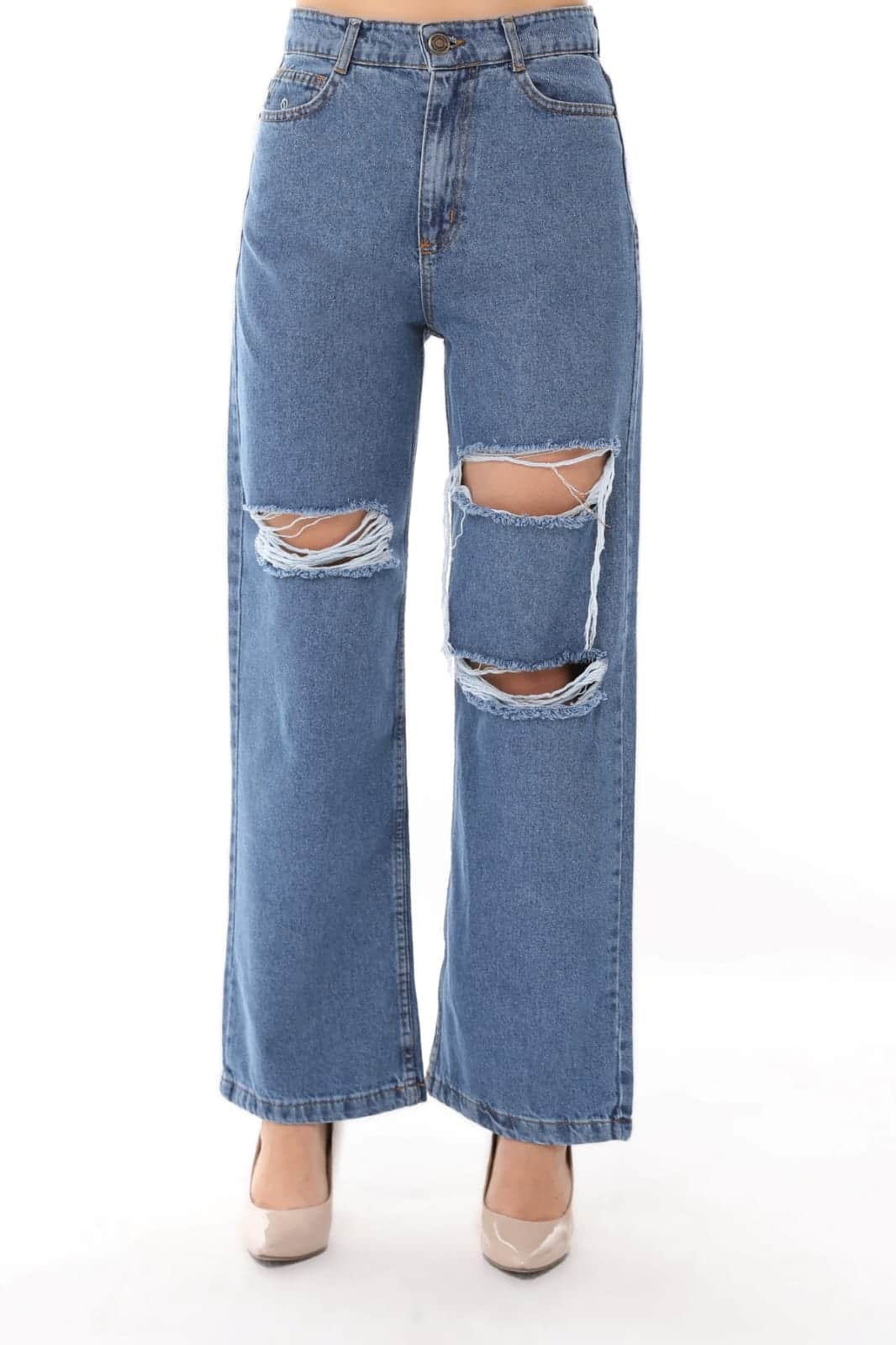 Vovikon KN Lazer Yırtık Mavi Kadın Boyfriend Bol Paça Jean Pantolon