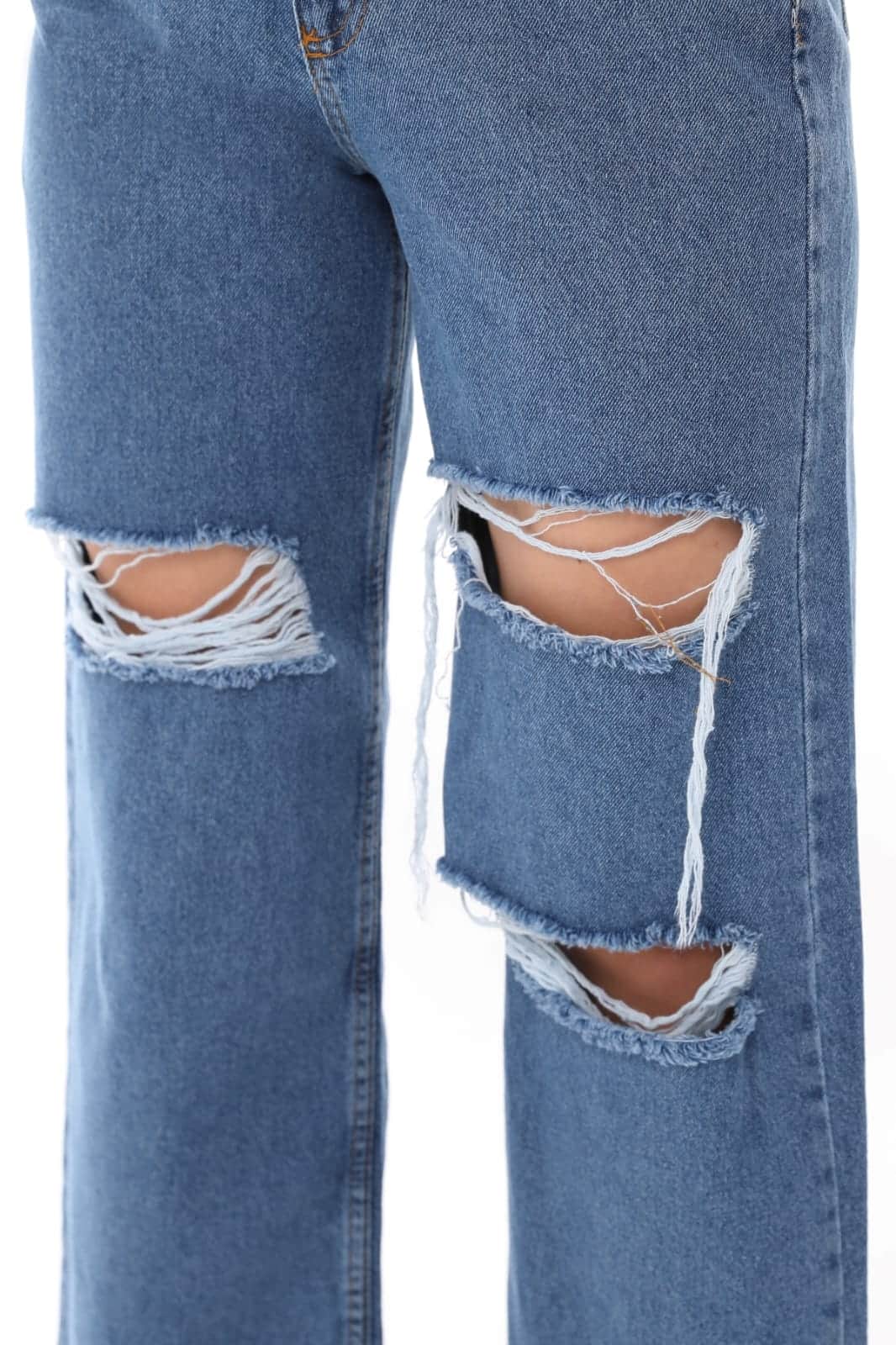 Vovikon KN Lazer Yırtık Mavi Kadın Boyfriend Bol Paça Jean Pantolon