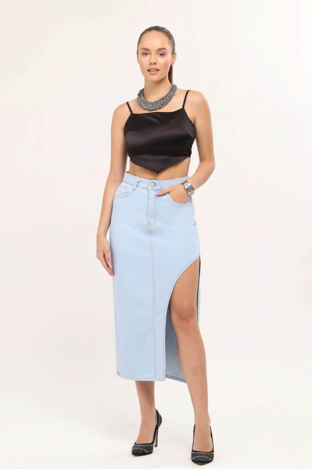 Vovikon KN Ön Parçalı Buz Mavi Denim Asimetrik Kadın Kot Etek