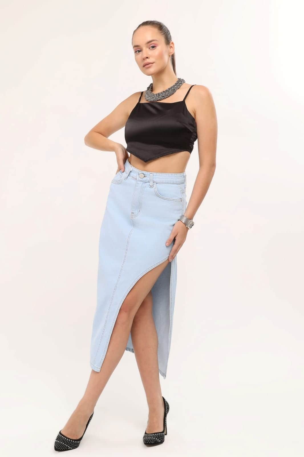 Vovikon KN Ön Parçalı Buz Mavi Denim Asimetrik Kadın Kot Etek