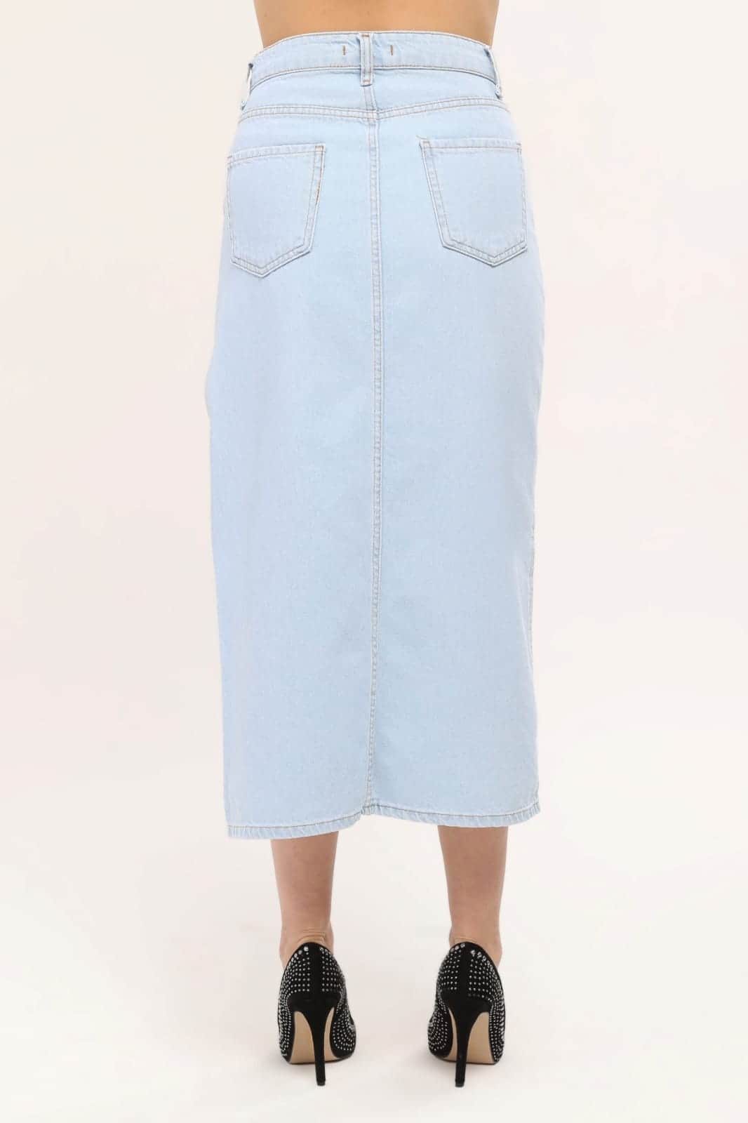 Vovikon KN Ön Parçalı Buz Mavi Denim Asimetrik Kadın Kot Etek