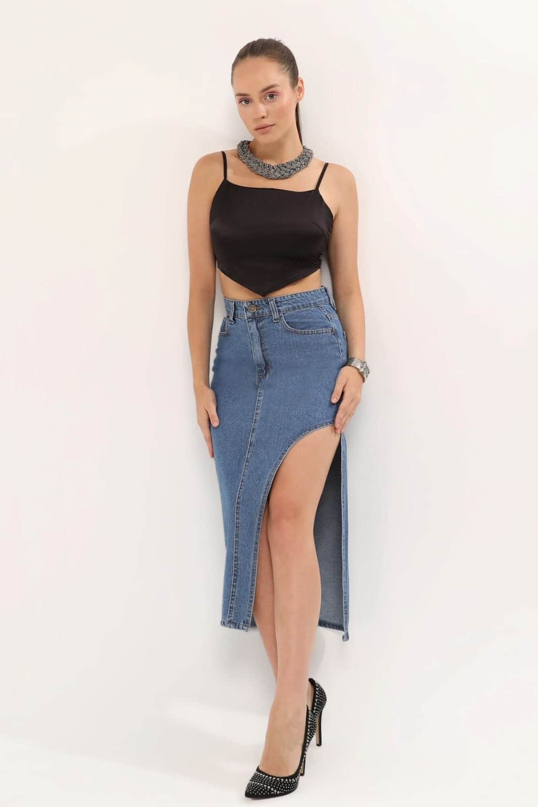 Vovikon KN Ön Parçalı Denim Mavi Asimetrik Kadın Kot Etek