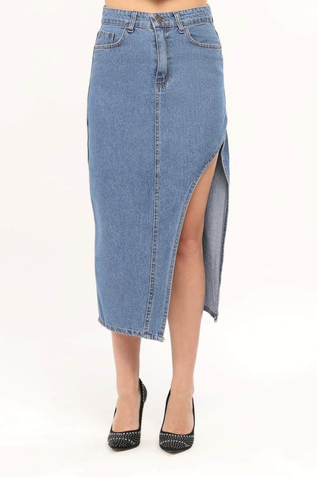 Vovikon KN Ön Parçalı Denim Mavi Asimetrik Kadın Kot Etek