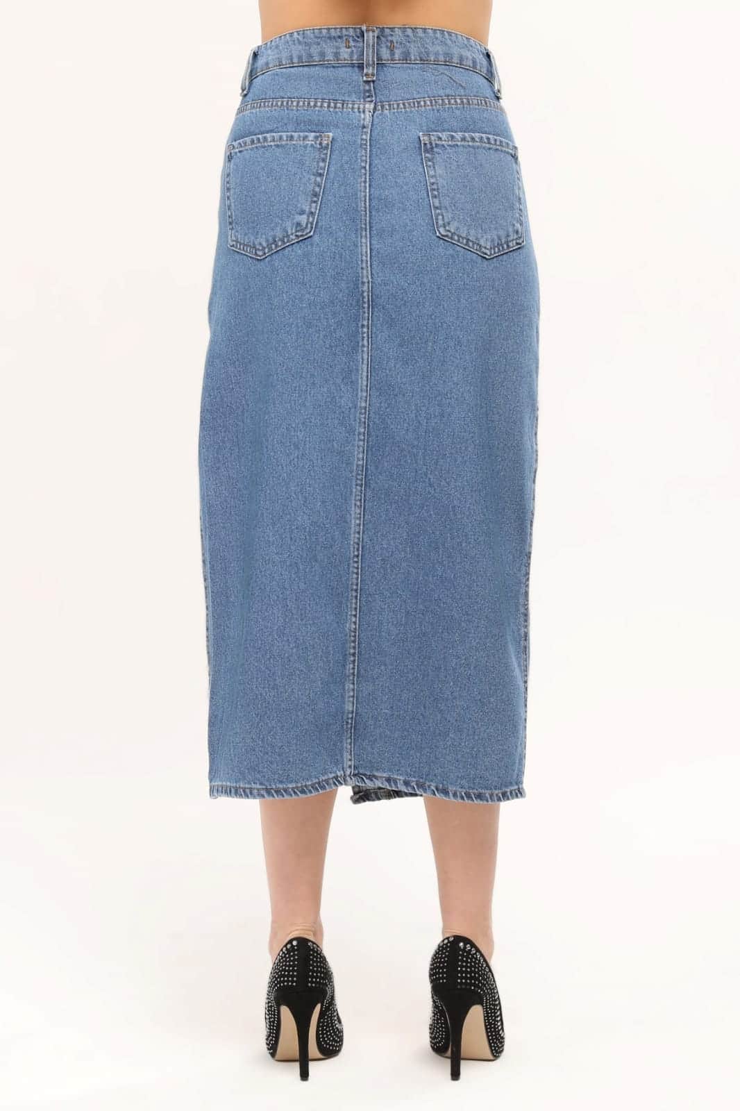 Vovikon KN Ön Parçalı Denim Mavi Asimetrik Kadın Kot Etek